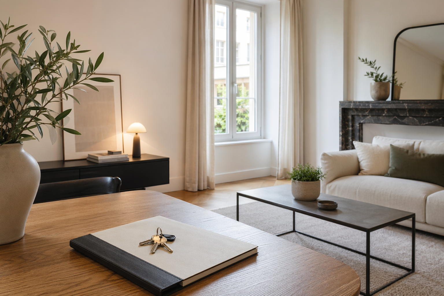 Professioneel voorbereide woning met sleutels op tafel